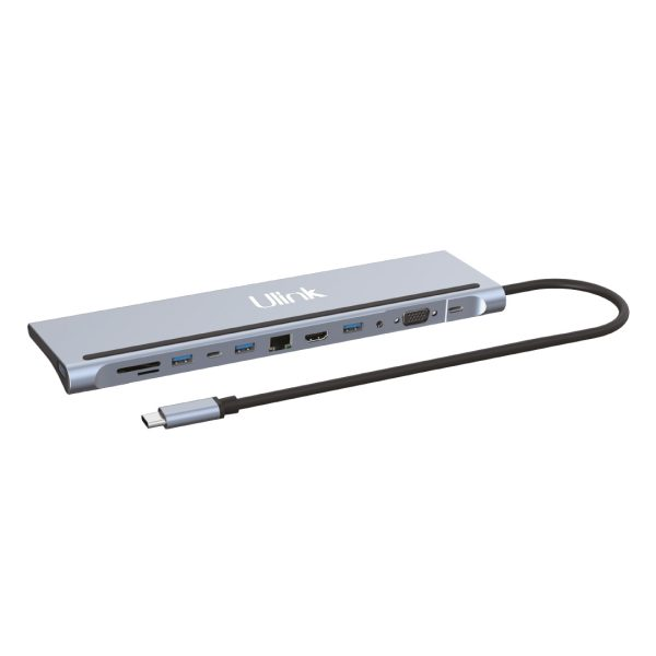 ADAPTADOR MULTIPUERTOS ULINK USB TIPO C 8 EN 1 -  HDMI*1, USB2.0*1, USB3.0*2, PD*1 ,SD*1, TF*1, LAN10/100*1, aluminio P/N UL-ADC804