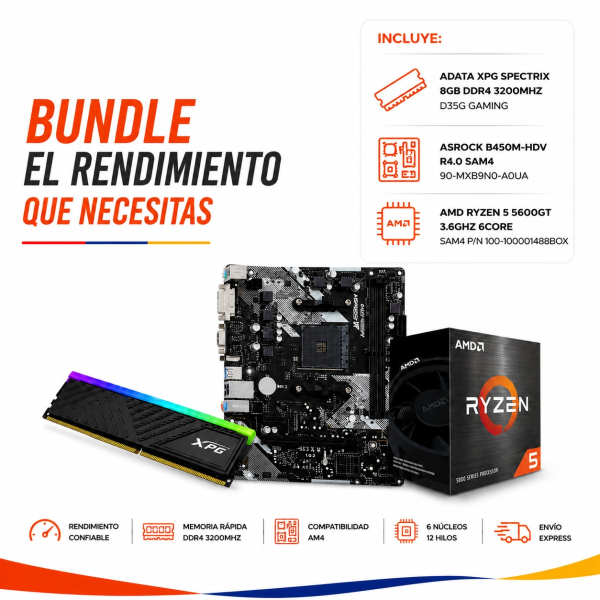 BUNDLE PROCESADOR AMD RYZEN 5 5600GT + PLACA MADRE ASROCK B450M-HDV + MEMORIA ADATA DDR4 8GB 3200 RGB
