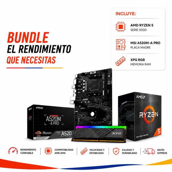 BUNDLE AMD RYZEN 5 5500 + PLACA MSI A520M A PRO + MEMORIA ADATA DDR4 8GB 3200 RGB