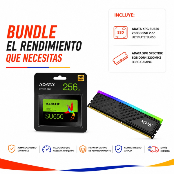 BUNDLE DISCO ADATA SSD 256GB SU650 + MEMORIA ADATA DDR4 8GB 3200 RGB