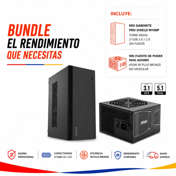 BUNDLE MSI GABINETE PRO SHIELD M100P + FUENTE MSI 650W GOLD