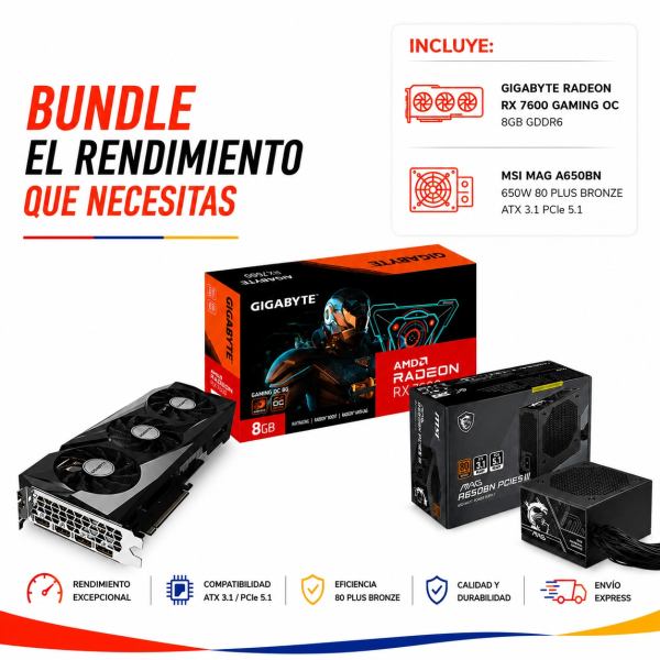 BUNDLE GIGABYTE TARJETA VIDEO RADEON RX7600 8GB + FUENTE DE PODER 650W BRONCE