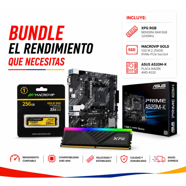 BUNDLE PLACA MADRE ASUS A520M-K + MEMORIA ADATA DDR4 8GB 3200 RGB + DISCO SSD MACROVIP 256GB M.2 NVME GOLD